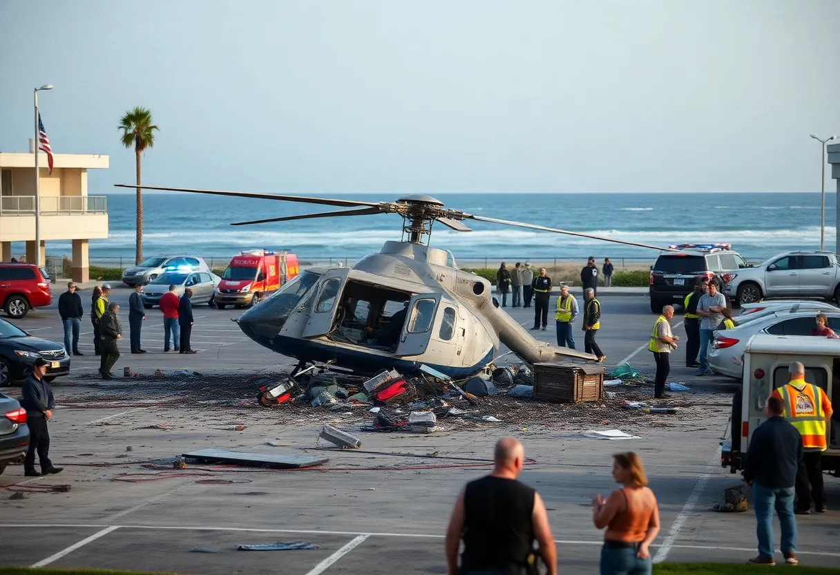 Helicopter crash site in Huntington Beach with emergency responders