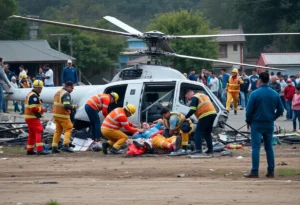 Scene of a helicopter crash with first responders and onlookers.