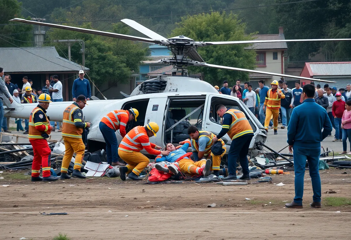 Scene of a helicopter crash with first responders and onlookers.