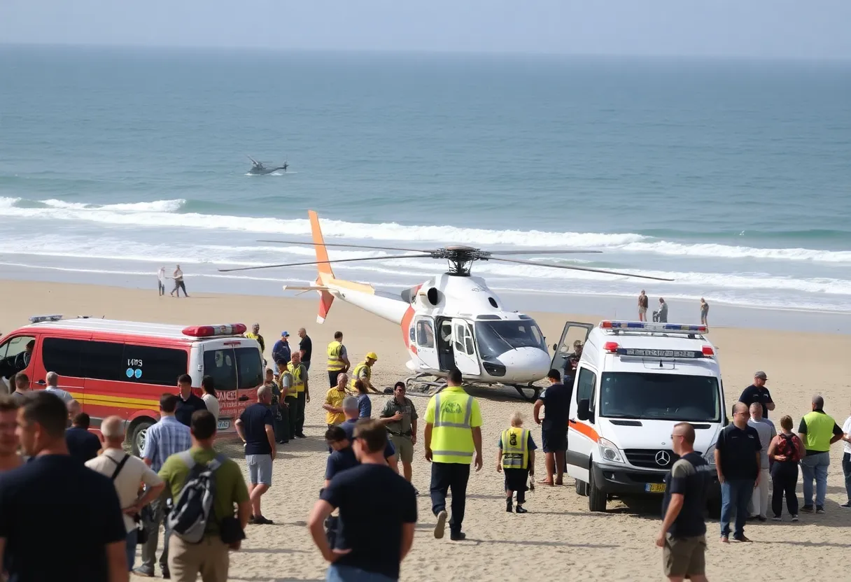 Emergency responders at the site of a helicopter crash in Huntington Beach