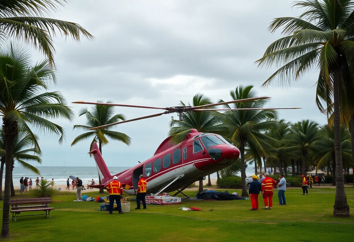 Emergency response teams at the scene of a helicopter crash in Huntington Beach