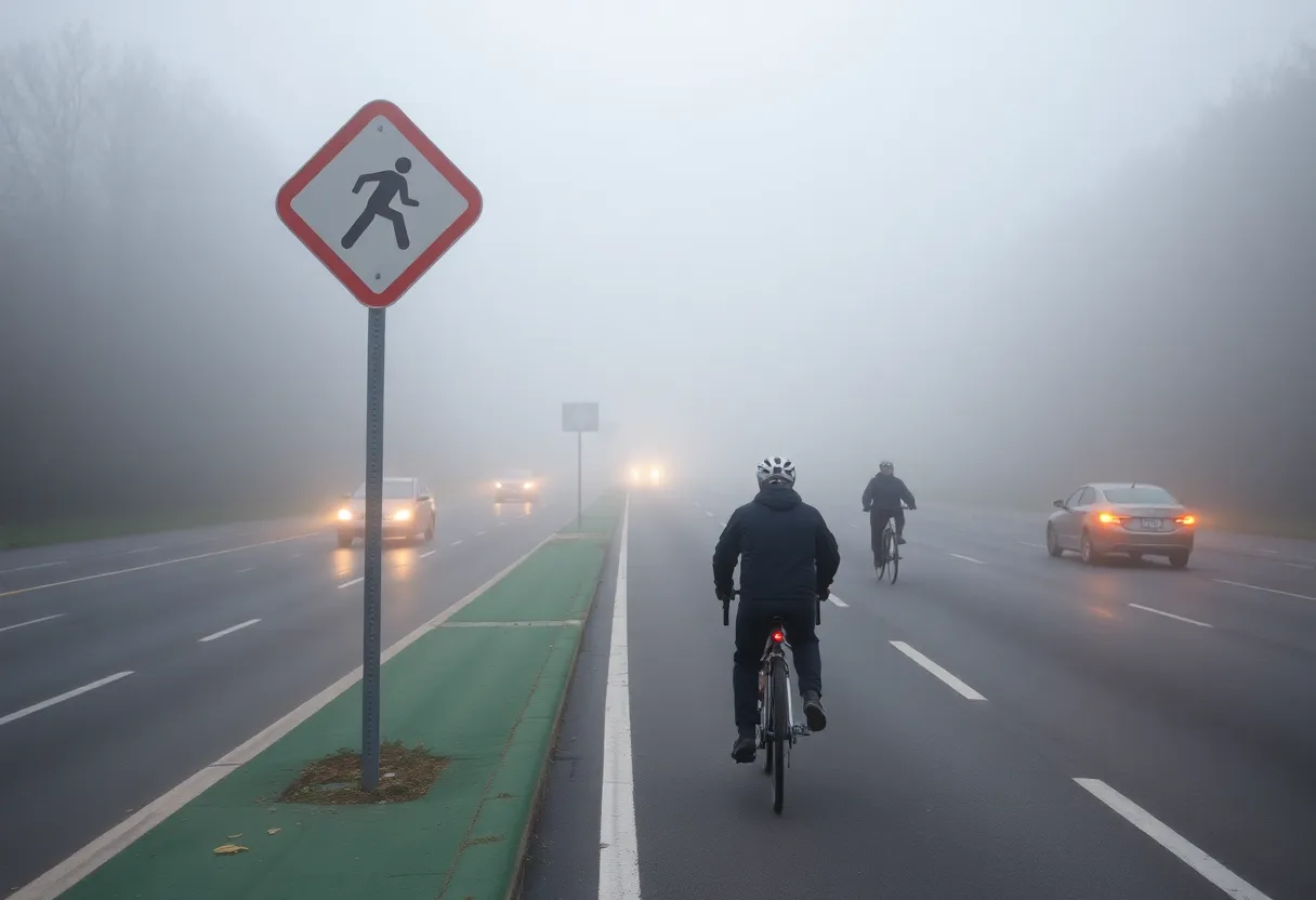 Cyclists riding safely in the bike lane on a foggy morning