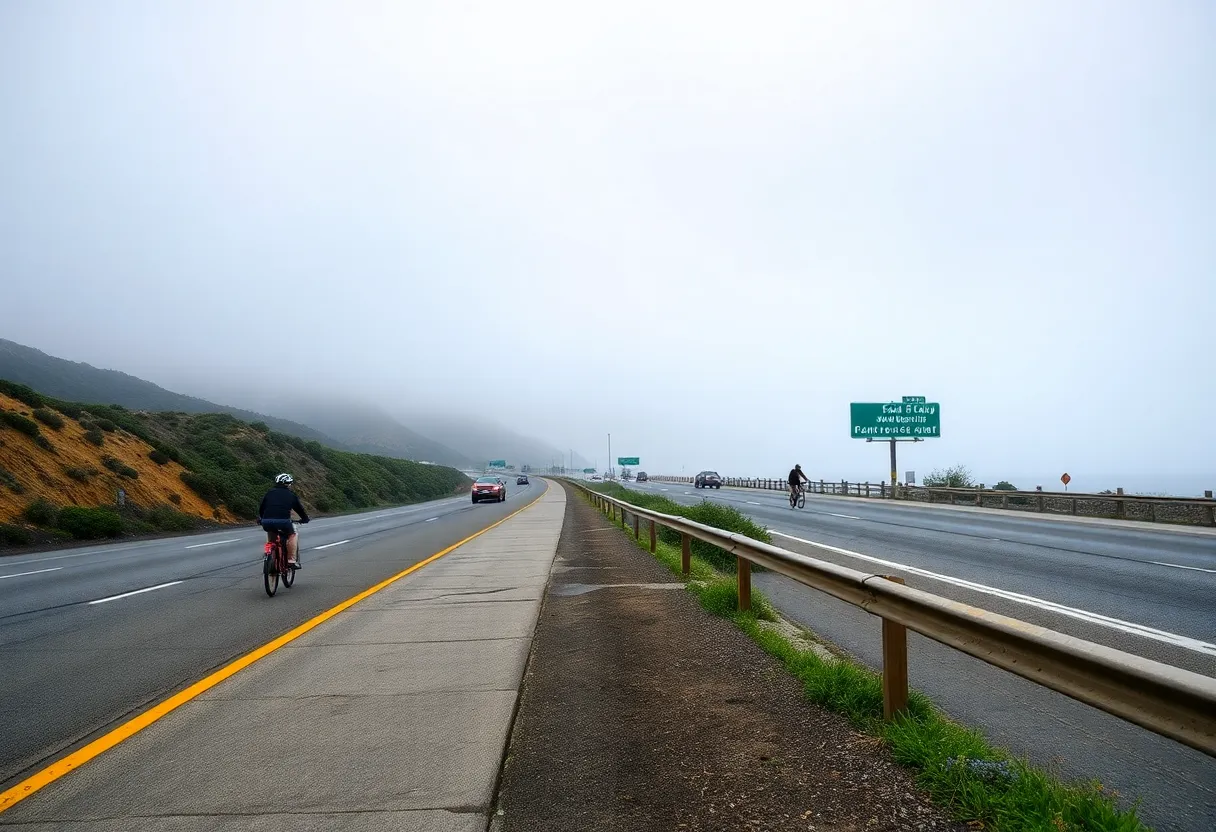 Pacific Coast Highway bike lane scene with bicycles in fog