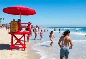 Lifeguards monitoring beachgoers at Huntington Beach