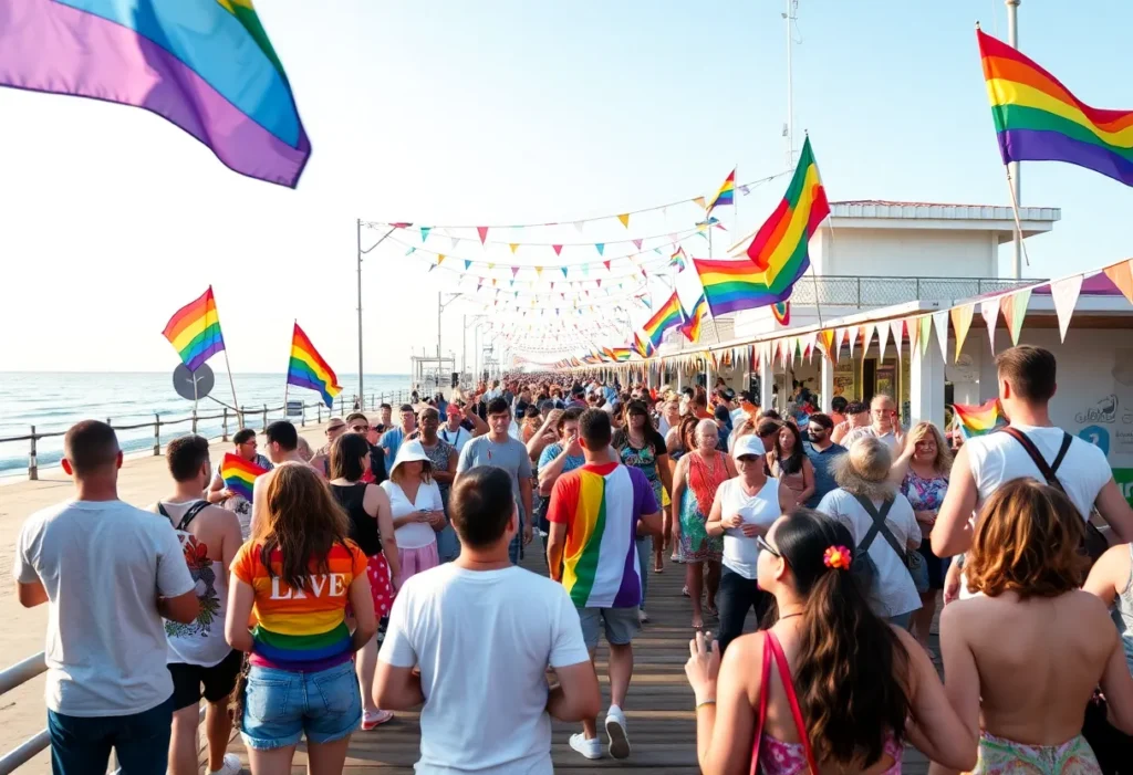 Participants celebrating at the Huntington Beach Pride event with rainbow flags and cheerful expressions.