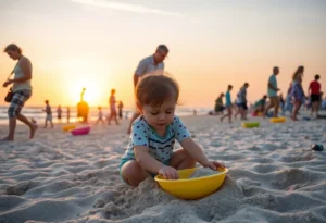 Families enjoying Sunset Beach, highlighting safe play areas for children.