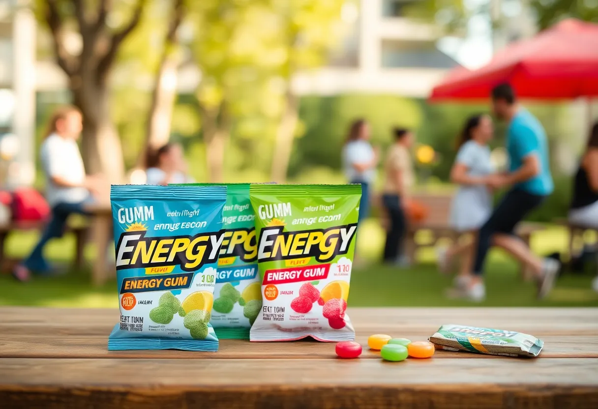 Display of Instant Energy Gum packages in various flavors