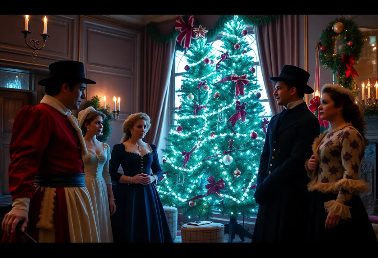 A festive stage scene from Miss Bennet Christmas at Pemberley with holiday decorations