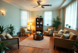 A therapy room in a mental health facility designed for comfort and tranquility.