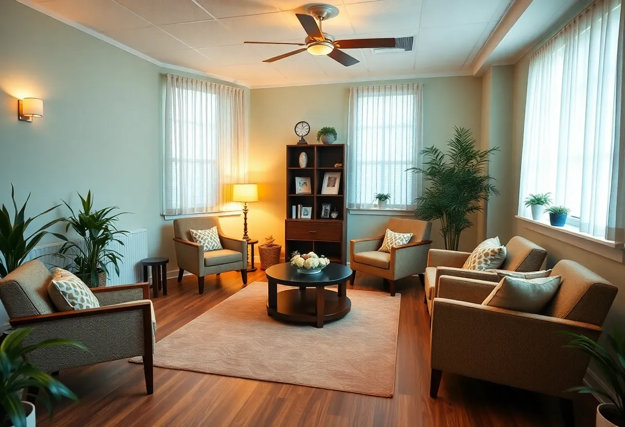A therapy room in a mental health facility designed for comfort and tranquility.