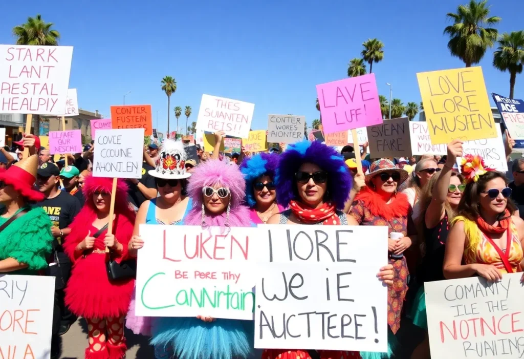 Participants at the No Kings Day protest in Southern California, holding signs and wearing festive costumes.