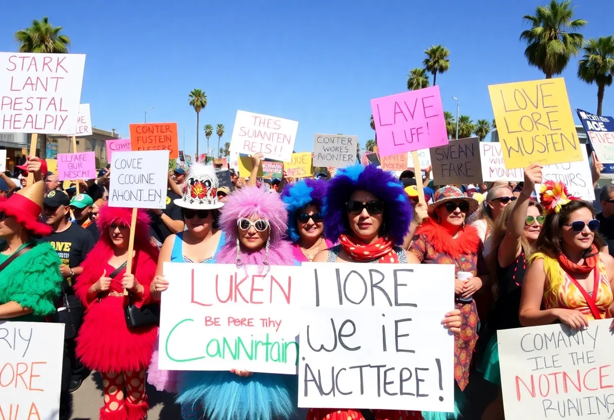 Participants at the No Kings Day protest in Southern California, holding signs and wearing festive costumes.