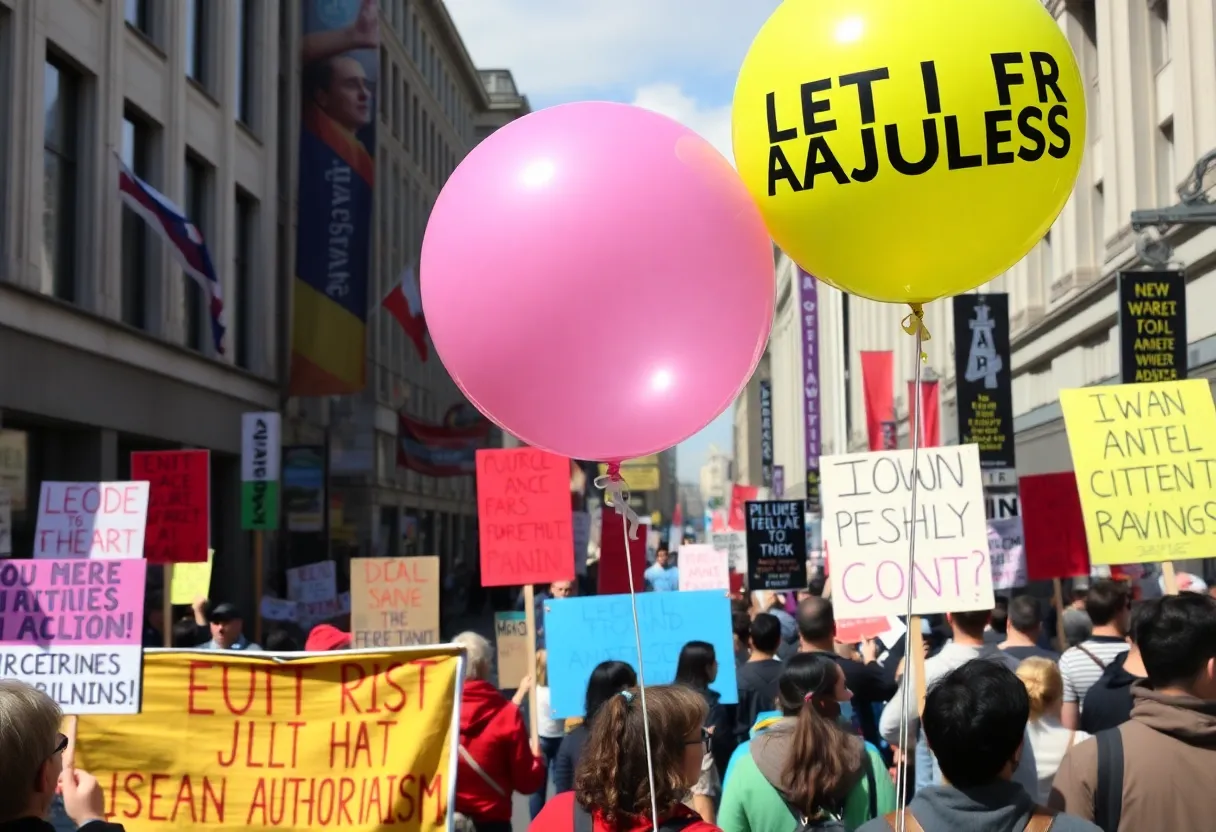 Crowd at No Kings protests in Los Angeles with colorful signs
