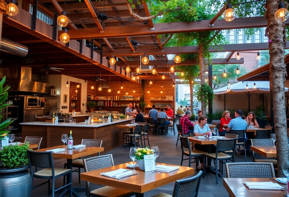 Outdoor dining setup at a California restaurant with an open kitchen