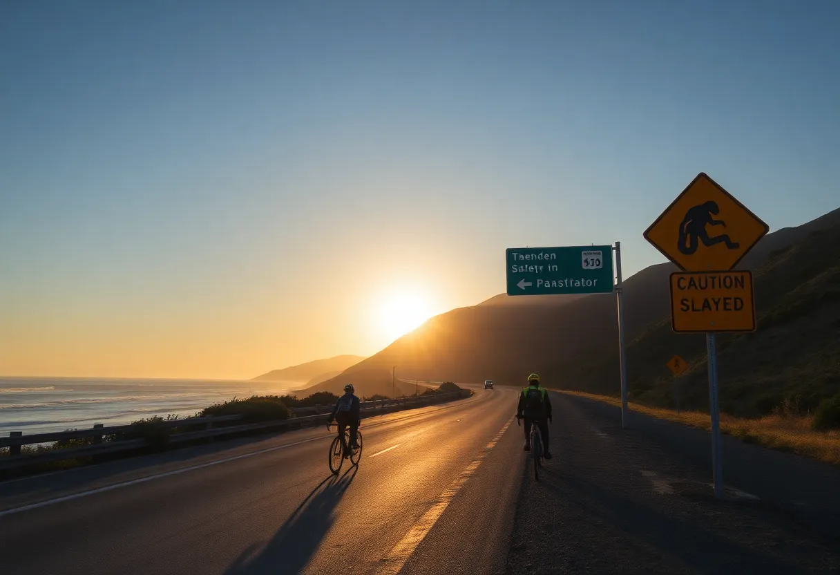 Cyclists on the Pacific Coast Highway with safety signs