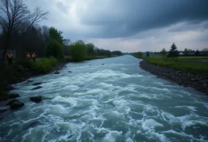 Emergency responders at the Santa Ana River during stormy weather