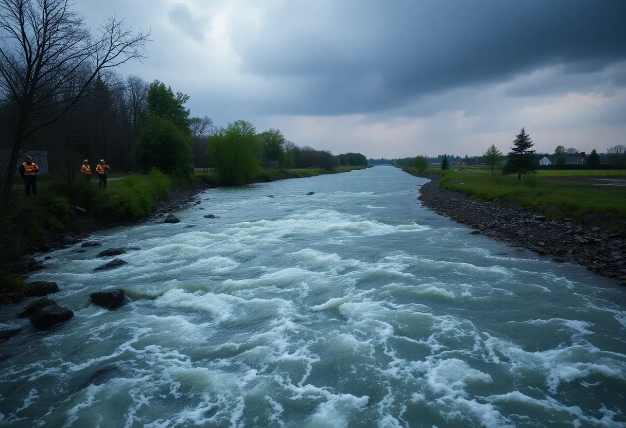 Emergency responders at the Santa Ana River during stormy weather