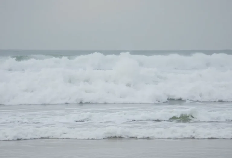 View of strong waves at Seal Beach during a high surf advisory