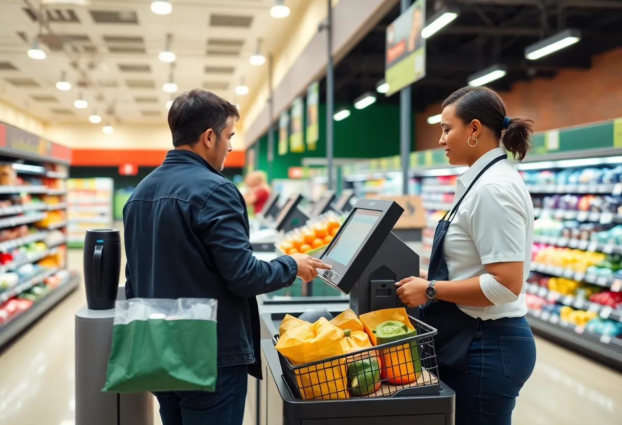 A customer using a self-checkout machine in a grocery store, with an employee monitoring the area.