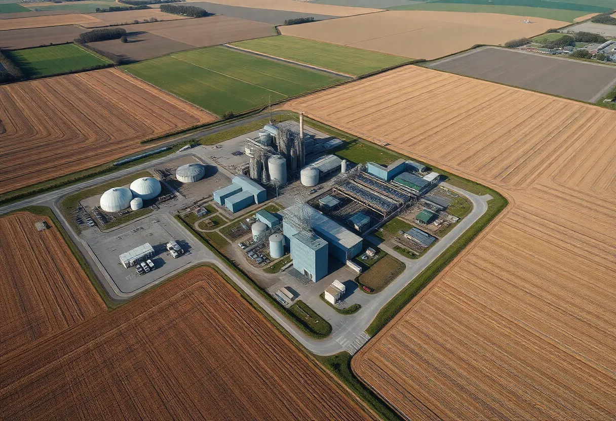 Aerial view of the Spreckels Sugar Co. plant surrounded by sugar beet fields.