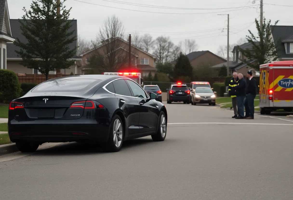 Scene of a Tesla accident with emergency responders at the site