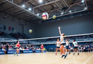 An intense moment captured from a UCLA men's volleyball match with players in action