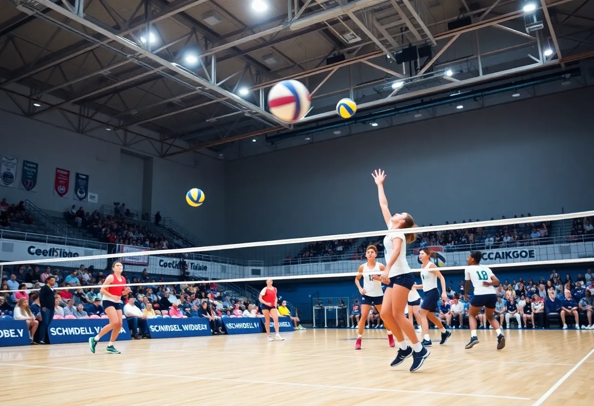 An intense moment captured from a UCLA men's volleyball match with players in action