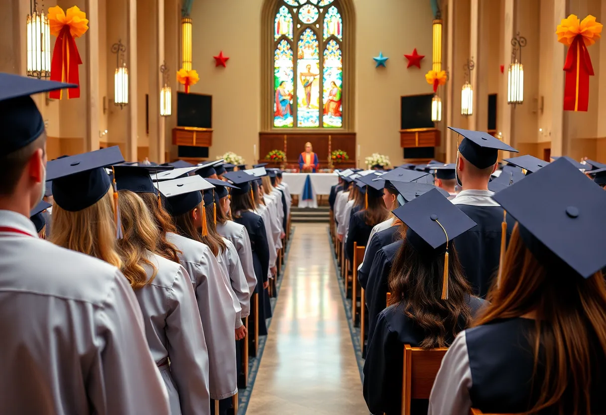 Graduates in caps and gowns celebrating at Vanguard University's commencement ceremony.