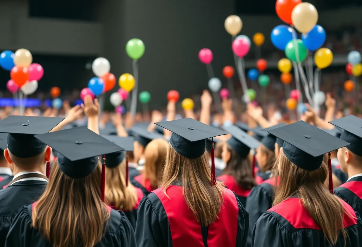 Graduates celebrating at Vanguard University graduation ceremony.