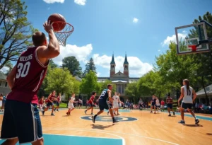 Student-athletes from Vanguard University engaging in a basketball game
