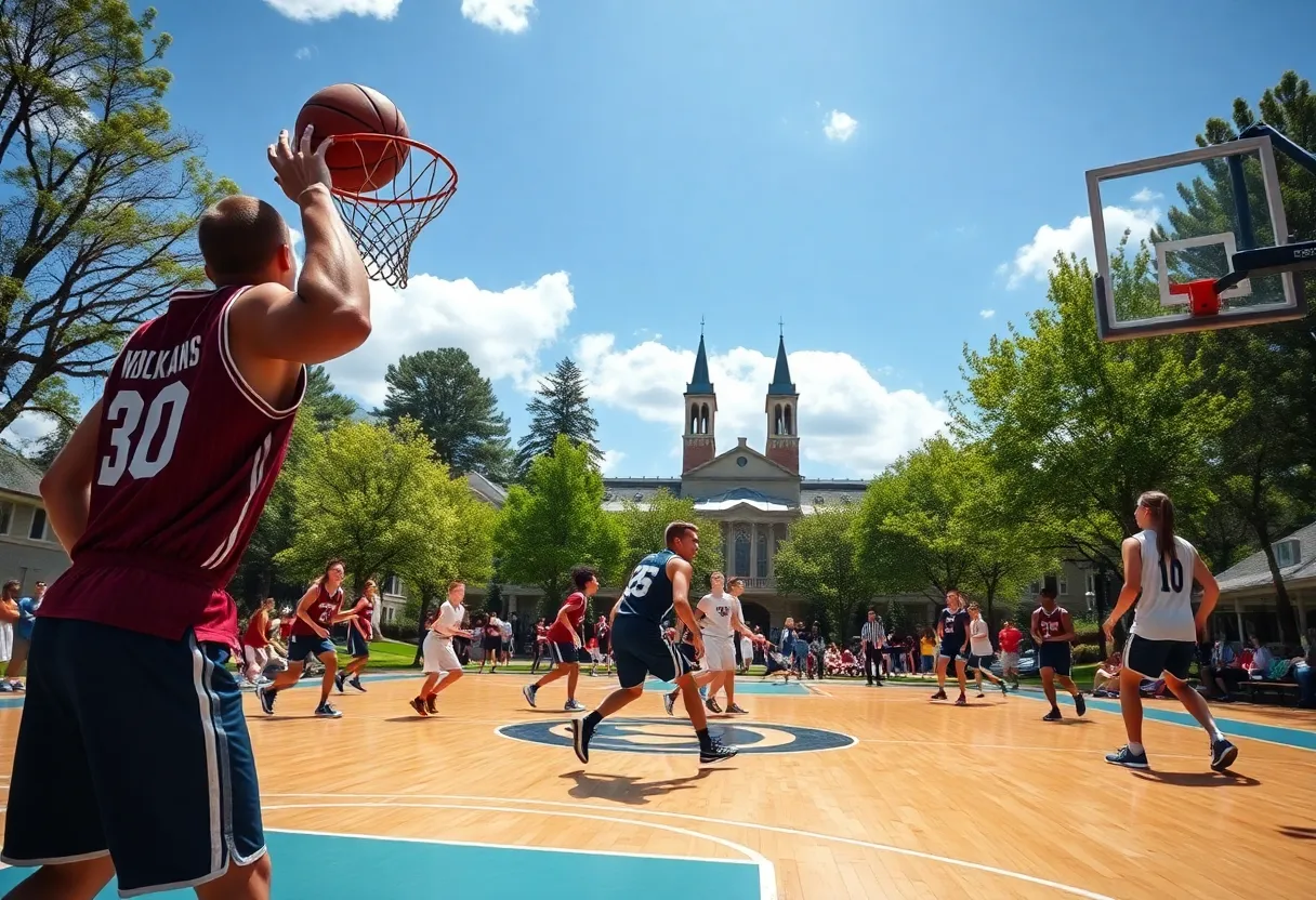 Student-athletes from Vanguard University engaging in a basketball game
